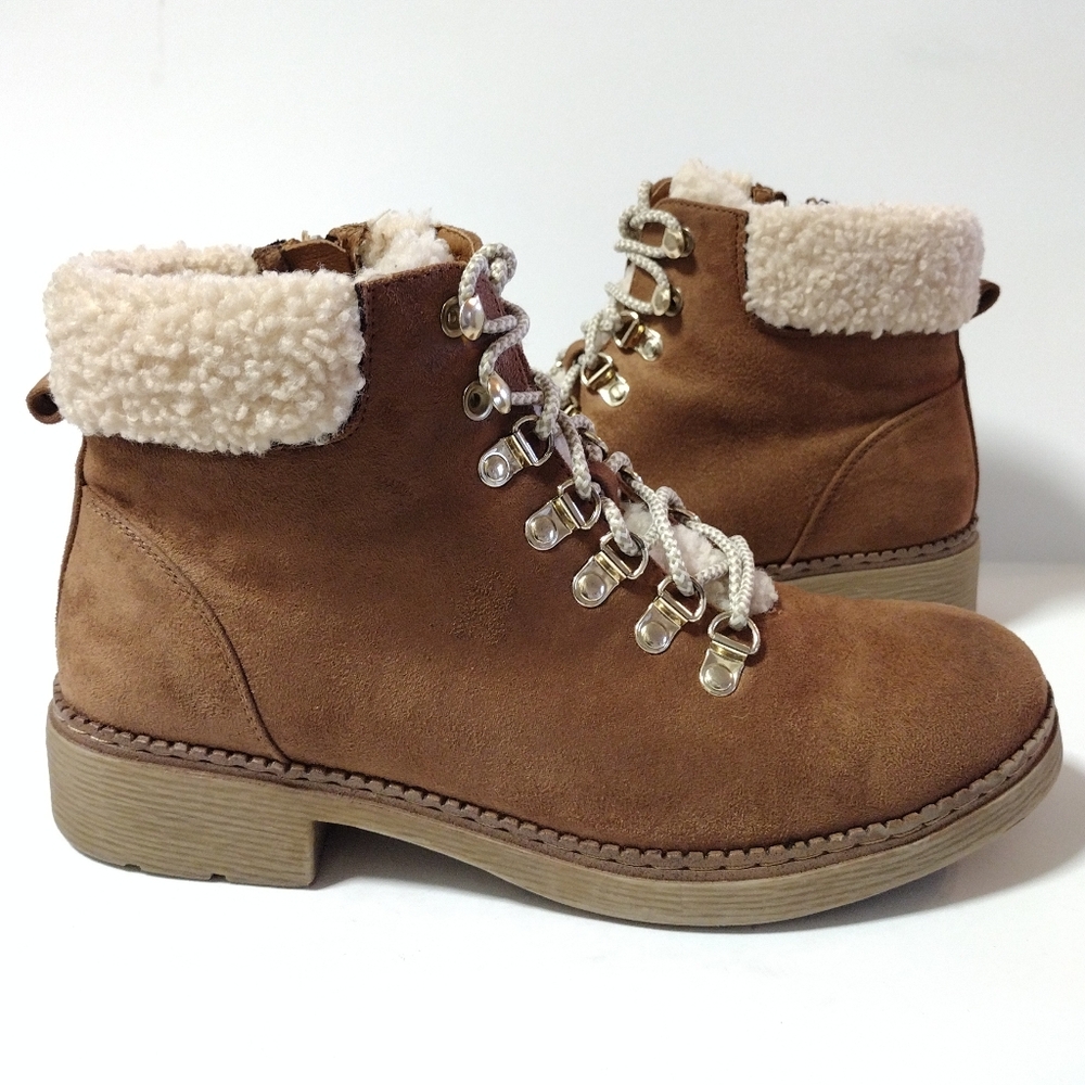 Eva & Zoe Naya Women's Lace-Up Ankle boots Faux Fur Booties Size 8 Tan